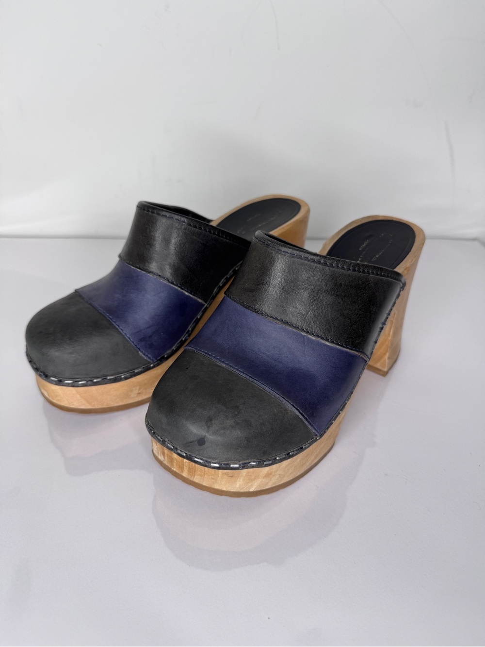 Swedish Hasbeens Black and Navy Leather Platform Clogs
